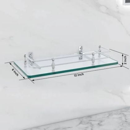 clear glass shelf with railing