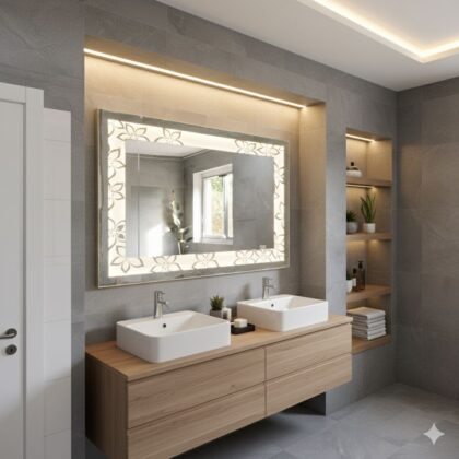 floral design led mirror LM1025 in restroom