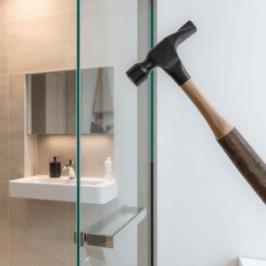 shower partition of toughened glass shown with a hammer